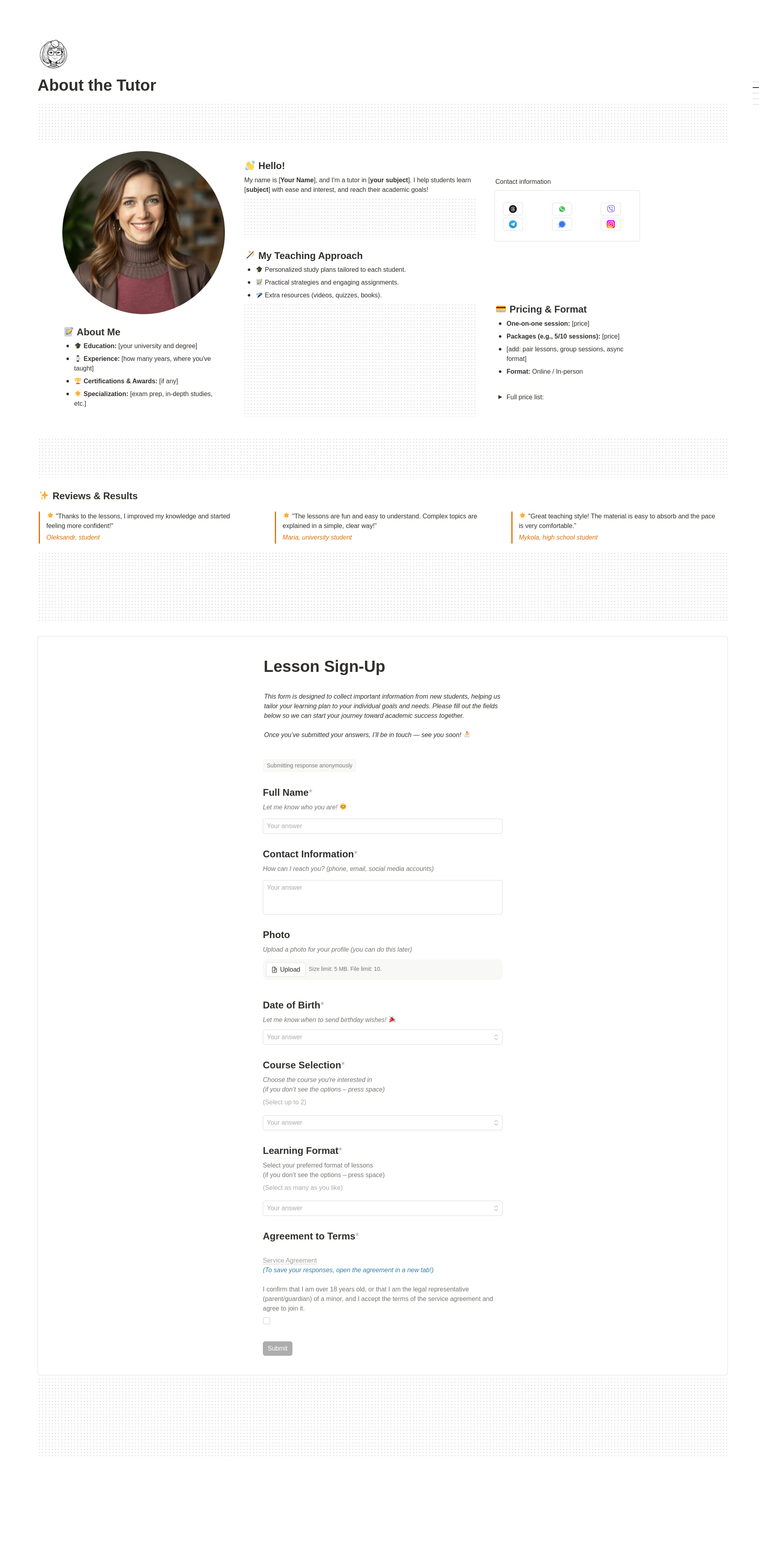 tutor business organization in Notion